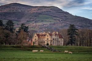 a large house with sheep in a field in front of a mountain at La Casa del Rio. in La Serna
