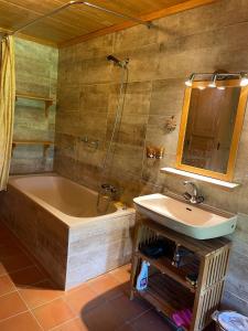 ein Badezimmer mit einer Badewanne und einem Waschbecken in der Unterkunft Le Reposoir in La Comballaz