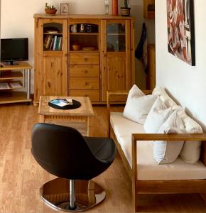 sala de estar con silla y sofá en Ferienapartment Casa Heideblick mit Sonnenterrasse & Garten, en Radeberg