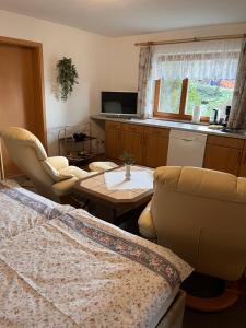 a living room with a couch and a table at Holzhaus "Miri" in Pirna
