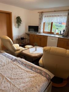 een woonkamer met een bank en een tafel bij Holzhaus "Miri" in Pirna