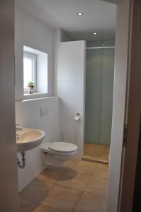W łazience znajduje się toaleta, umywalka i prysznic. w obiekcie Landhaus Kaiser w mieście Abenberg