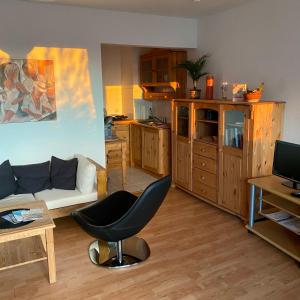 sala de estar con sofá y silla en Ferienapartment Casa Heideblick mit Sonnenterrasse & Garten, en Radeberg