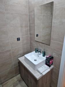 a bathroom with a sink and a mirror at Apartmani Srna Milmari in Kopaonik