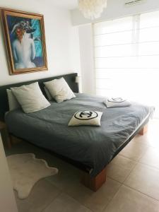 a bedroom with a bed with a picture on it at Residence Paradis Bleu in Cannes