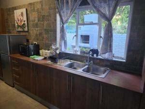 cocina con fregadero y ventana en Le Grix Guesthouse, en Nelspruit