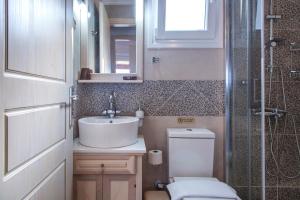 La salle de bains est pourvue de toilettes, d'un lavabo et d'une douche. dans l'établissement Vissala Village, à Chortáta