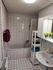 een badkamer met een bad, een wastafel en een douche bij Apartment "Zur Rotbuche" in Lindau
