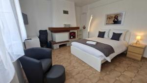 um quarto com uma cama, uma cadeira e uma lareira em La Villa du General Patton em Thionville