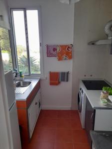 een keuken met een wastafel en een wasmachine bij Casa da Mediana in Ribeira Grande