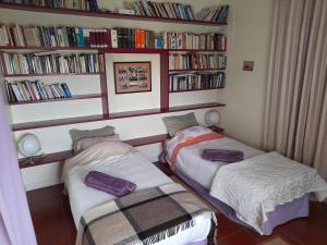 twee bedden in een kamer met boekenplanken bij Casa da Mediana in Ribeira Grande