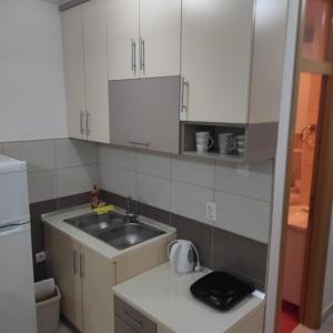 eine kleine Küche mit weißen Schränken und einem Waschbecken in der Unterkunft Apartman Jevrejska Banja Luka in Banja Luka
