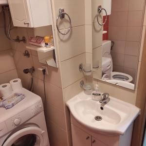 een kleine badkamer met een wastafel en een wasmachine bij Apartman Jevrejska Banja Luka in Banja Luka