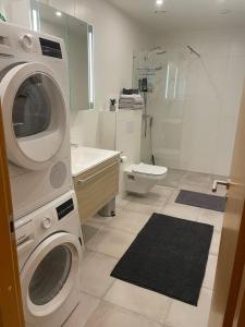 un bagno con lavatrice e asciugatrice di Penthouse Kadriorg a Tallinn