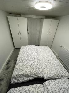 Una cama grande en una habitación con armarios blancos. en Dambach Appartement, en Rossleithen