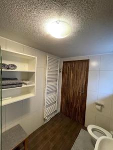 Un baño con inodoro, ventana y puerta. en Dambach Appartement, en Rossleithen 14 fotos más