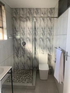 a bathroom with a shower and a toilet at Aziel by the Sea in Ballito
