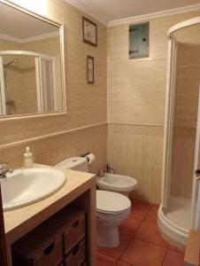 a bathroom with a sink and a toilet and a mirror at Apartamentos El Brezo in Albarracín