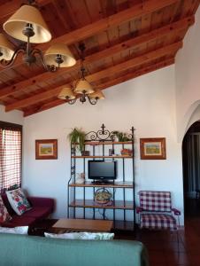 sala de estar con sofá y TV en Apartamentos El Brezo, en Albarracín