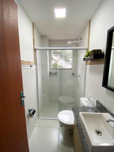La salle de bains est pourvue d'une douche, de toilettes et d'un lavabo. dans l'établissement Apartamento de 01 quarto, novíssimo, em Ipiabas., à Barra do Piraí