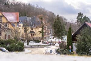 une grande maison avec une rue enneigée en face de celle-ci dans l'établissement Hotel Erbprinzenpalais, à Wernigerode