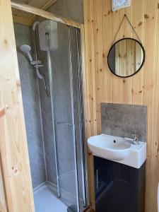 a bathroom with a shower and a sink at Shepherd Hut in Warwick