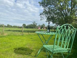 einem grünen Stuhl neben einem Tisch mit einer Flasche Wein in der Unterkunft Shepherd Hut in Warwick