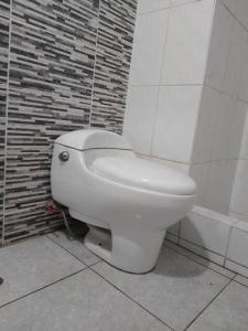 リマにあるBONITO DEPARTAMENTO EN MIRAFLORESの白いトイレ(レンガの壁のバスルーム内) +7枚の写真