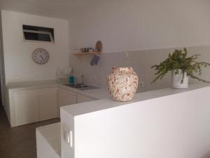 una cucina con bancone e due vasi sopra di A.M.A Appartament a Calheta Do Maio
