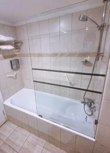 a bath tub with a glass shower in a bathroom at Panamericana Hotel Providencia in Santiago