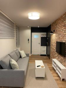 ein Wohnzimmer mit Sofa und Ziegelwand in der Unterkunft APARTAMENTY GUZIK in Krosno