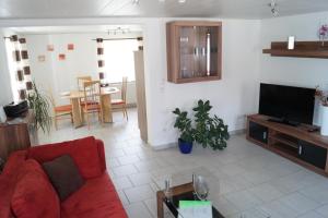 ein Wohnzimmer mit einem roten Sofa und einem TV in der Unterkunft Ferienwohnungen Denk in Niederalteich