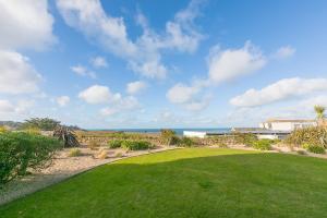 a yard with a green lawn with the ocean in the background at Beach Haven in Carbis Bay