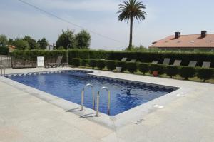 a swimming pool in a yard with a palm tree at Hotel La Casona de Lupa in El Peñedo