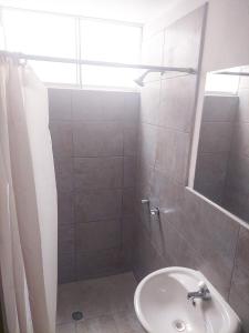 La salle de bains est pourvue d'un lavabo et d'une douche. dans l'établissement Residencia Benavides, à San Vicente de Cañete