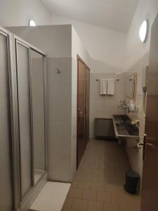 La salle de bains est pourvue d'une douche et d'un lavabo. dans l'établissement Lake and Mountain Suits, à Verceia