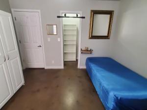 a bedroom with a blue bed and a mirror at Nature's Escape in Town in Broken Arrow