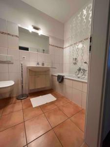 een badkamer met een wastafel, een toilet en een spiegel bij AKK5 Großes Apartment mit Terrasse Nähe Hbf/Uni in Maagdenburg