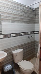 bagno con servizi igienici e lavandino di Alpino Guest House a Huaraz