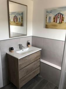 uma casa de banho com um lavatório e um espelho em Casa Alegria em Antas