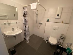 bagno con lavandino, doccia e servizi igienici di Apartment mit vier Einzelboxspringbetten - Netflix a Goch