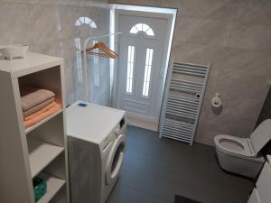 a bathroom with a washing machine and a toilet at Apartment by AntunovicWinery in Trpanj