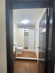 a bathroom with a toilet and a shower at POUSADA VISTA CHINESA in Rio de Janeiro