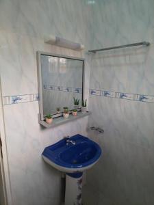 ein Badezimmer mit einem blauen Waschbecken und einem Fenster in der Unterkunft MH - Ground Floor Apart in New Bell