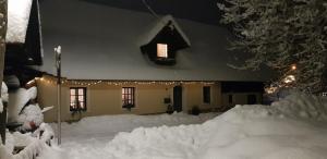 Una casa cubierta de nieve con una ventana y luces. en The OldMillhouse, en Mojstrana