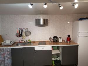 a kitchen counter with a sink and a refrigerator at Rose in Villejuif