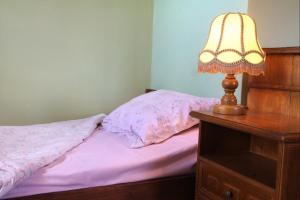 ein Bett mit einer Lampe auf einem hölzernen Nachttisch in der Unterkunft Puszcza Romincka in Galwiecie