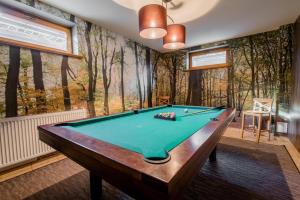 a pool table in a room with a forest mural at Villa Morela in Mikołajki