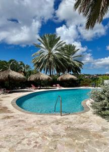 una piscina con palme sullo sfondo di Blue Bay BEACH Villa 25 3-min beach-pool-golf a Blue Bay