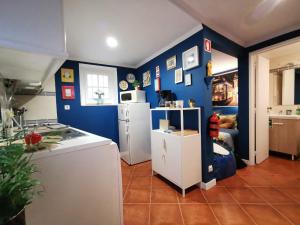 リスボンにあるSto Antonio Guest Houseの青い壁のキッチン(白い家電製品付)